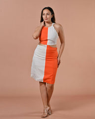 Orange & White Waist Cutout Dress