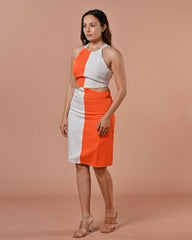 Orange & White Waist Cutout Dress