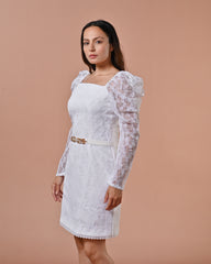 White Slip On Puff Sleeves Dress